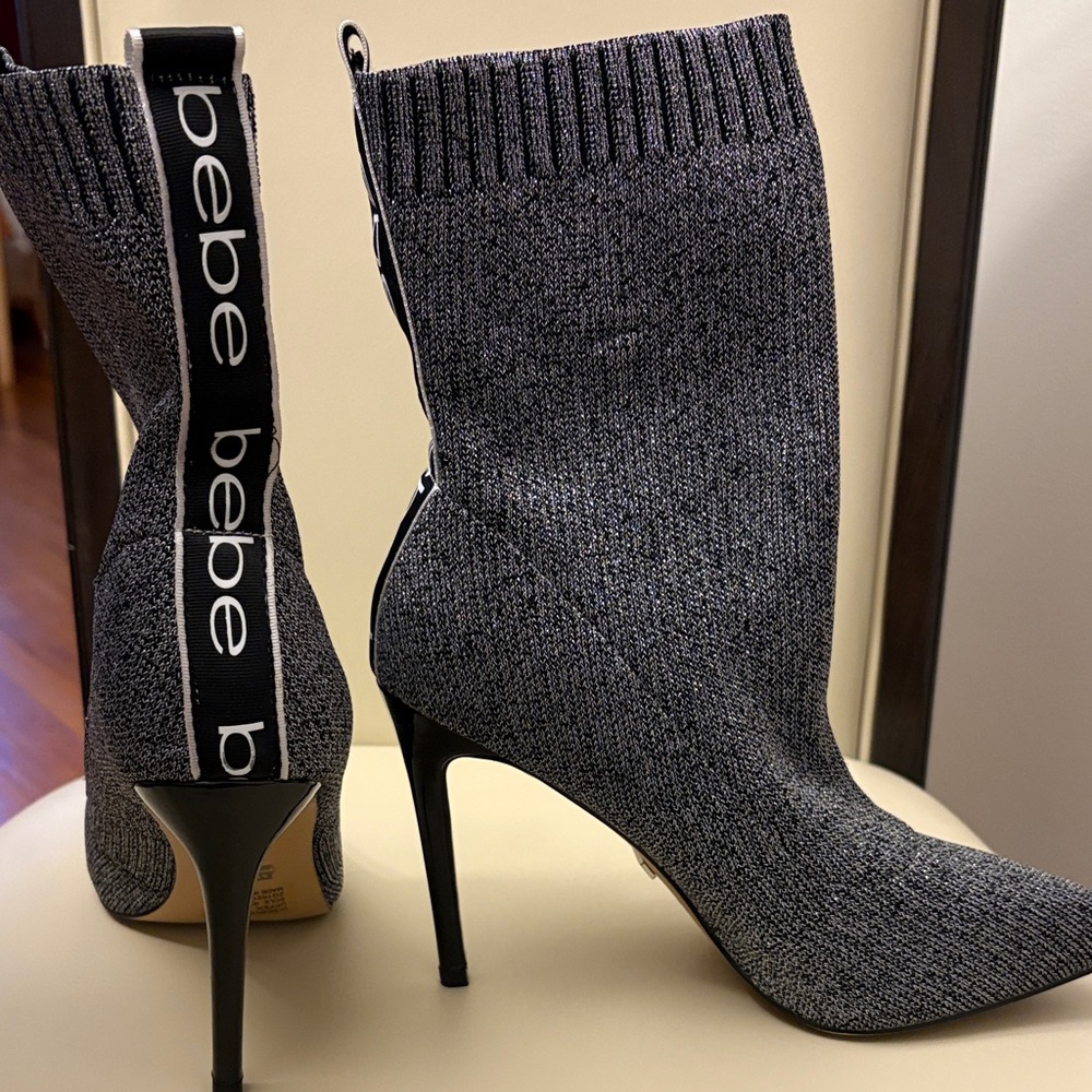 Bebe Black and Gray Knit Ankle Booties